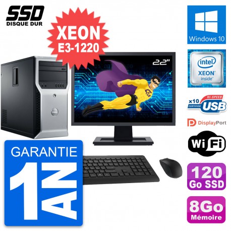 PC Tour Dell T1600 Ecran 22" Intel E3-1220 RAM 8Go SSD 120Go Windows 10 Wifi