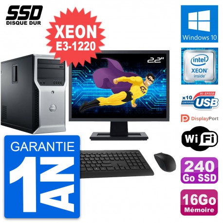 PC Tour Dell T1600 Ecran 22" Intel E3-1220 RAM 16Go SSD 240Go Windows 10 Wifi