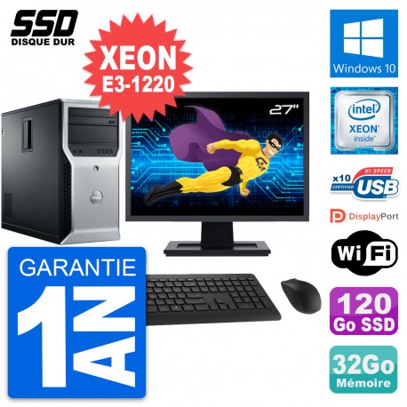 PC Tour Dell T1600 Ecran 27" Intel E3-1220 RAM 32Go SSD 120Go Windows 10 Wifi