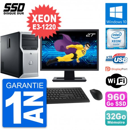 PC Tour Dell T1600 Ecran 27" Intel E3-1220 RAM 32Go SSD 960Go Windows 10 Wifi