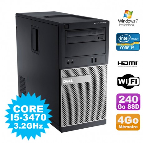 PC Tour DELL Optiplex 3010 MT Intel I5-3470 Graveur 4Go 240Go SSD HDMI Wifi W7