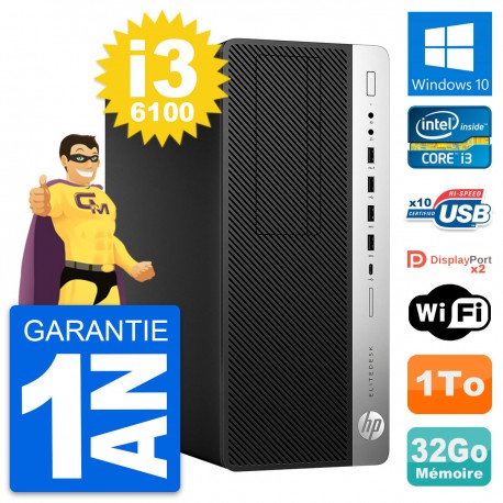 PC Tour HP EliteDesk 800 G3 Intel i3-6100 RAM 32Go Disque 1To Windows 10 Wifi