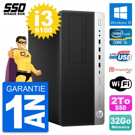 PC Tour HP EliteDesk 800 G3 Intel Core i3-6100 RAM 32Go SSD 2To Windows 10 Wifi