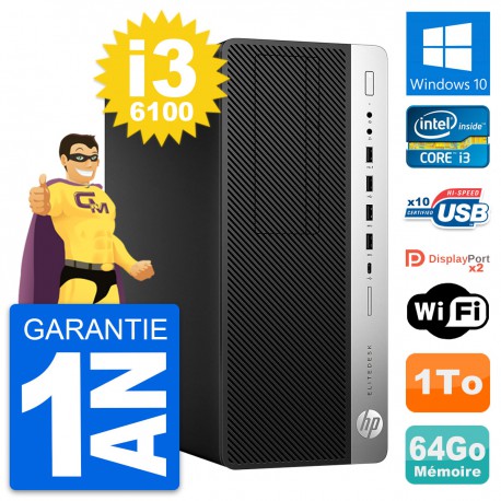 PC Tour HP EliteDesk 800 G3 Intel i3-6100 RAM 64Go Disque 1To Windows 10 Wifi
