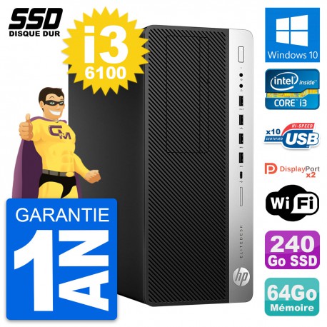 PC Tour HP EliteDesk 800 G3 Intel i3-6100 RAM 64Go SSD 240Go Windows 10 Wifi