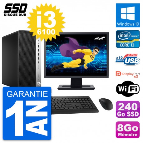 PC Tour HP EliteDesk 800 G3 Ecran 22" i3-6100 RAM 8Go SSD 240Go Windows 10 Wifi