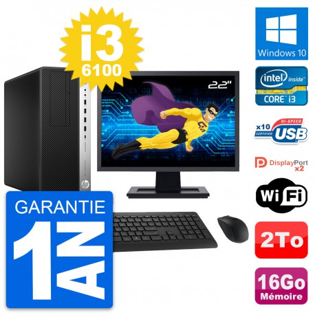 PC Tour HP 800 G3 Ecran 22" Intel i3-6100 RAM 16Go Disque 2To Windows 10 Wifi