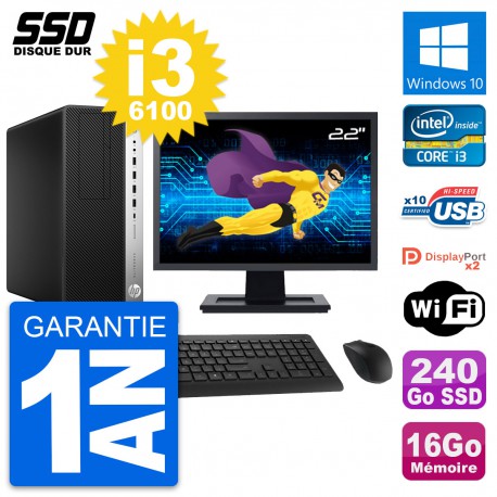 PC Tour HP EliteDesk 800 G3 Ecran 22" i3-6100 RAM 16Go SSD 240Go Windows 10 Wifi