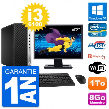 PC Tour HP EliteDesk 800 G3 Ecran 27" i3-6100 RAM 8Go Disque 1To Windows 10 Wifi
