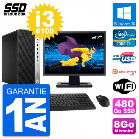PC Tour HP EliteDesk 800 G3 Ecran 27" i3-6100 RAM 8Go SSD 480Go Windows 10 Wifi