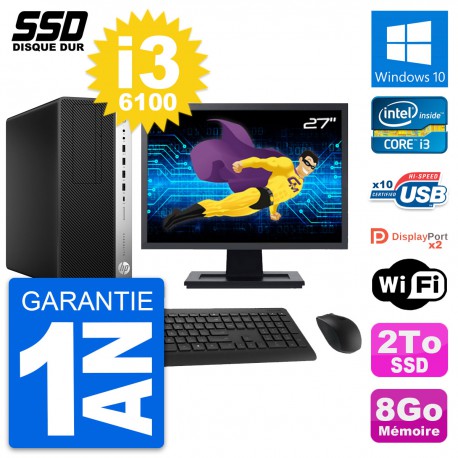 PC Tour HP EliteDesk 800 G3 Ecran 27" i3-6100 RAM 8Go SSD 2To Windows 10 Wifi