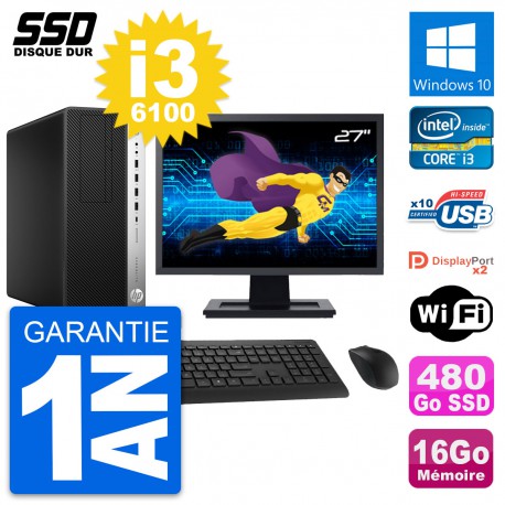 PC Tour HP EliteDesk 800 G3 Ecran 27" i3-6100 RAM 16Go SSD 480Go Windows 10 Wifi