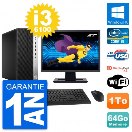 PC Tour HP 800 G3 Ecran 27" Intel i3-6100 RAM 64Go Disque 1To Windows 10 Wifi