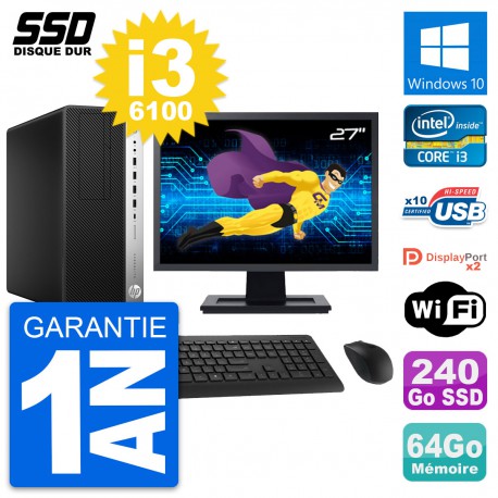 PC Tour HP EliteDesk 800 G3 Ecran 27" i3-6100 RAM 64Go SSD 240Go Windows 10 Wifi
