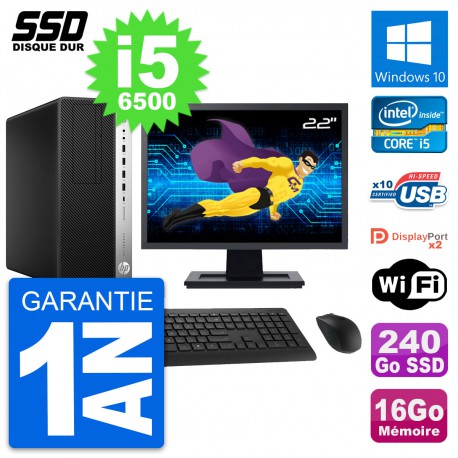 PC Tour HP EliteDesk 800 G3 Ecran 22" i5-6500 RAM 16Go SSD 240Go Windows 10 Wifi