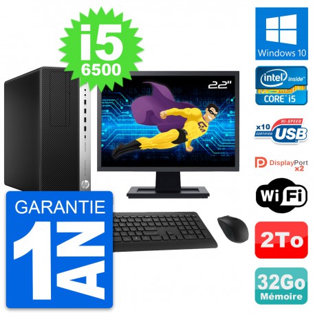 PC Tour HP 800 G3 Ecran 22" Intel i5-6500 RAM 32Go Disque 2To Windows 10 Wifi