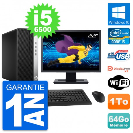 PC Tour HP 800 G3 Ecran 22" Intel i5-6500 RAM 64Go Disque 1To Windows 10 Wifi