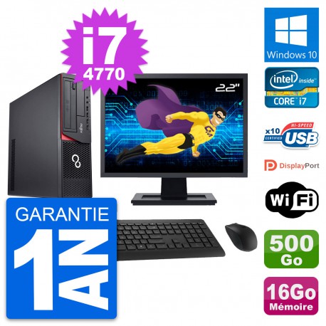 PC Fujitsu E920 DT Ecran 22" Intel i7-4770 RAM 16Go Disque 500Go Windows 10 Wifi
