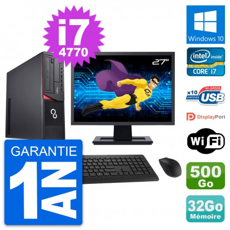 PC Fujitsu E920 DT Ecran 27" Intel i7-4770 RAM 32Go Disque 500Go Windows 10 Wifi