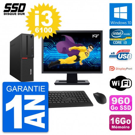 PC Lenovo M700 SFF Ecran 19" Intel i3-6100 RAM 16Go SSD 960Go Windows 10 Wifi