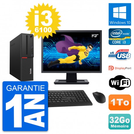 PC Lenovo M700 SFF Ecran 19" Intel i3-6100 RAM 32Go Disque 1To Windows 10 Wifi
