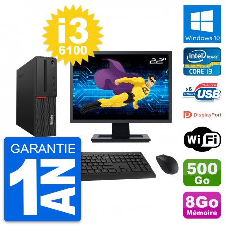 PC Lenovo M700 SFF Ecran 22" Intel i3-6100 RAM 8Go Disque 500Go Windows 10 Wifi