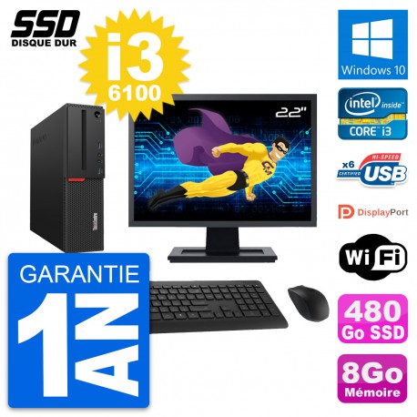 PC Lenovo M700 SFF Ecran 22" Intel i3-6100 RAM 8Go SSD 480Go Windows 10 Wifi