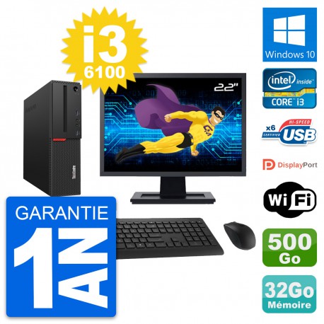 PC Lenovo M700 SFF Ecran 22" Intel i3-6100 RAM 32Go Disque 500Go Windows 10 Wifi