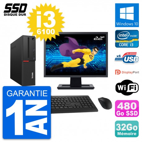 PC Lenovo M700 SFF Ecran 22" Intel i3-6100 RAM 32Go SSD 480Go Windows 10 Wifi