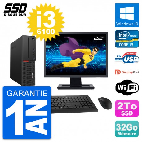 PC Lenovo M700 SFF Ecran 22" Intel Core i3-6100 RAM 32Go SSD 2To Windows 10 Wifi