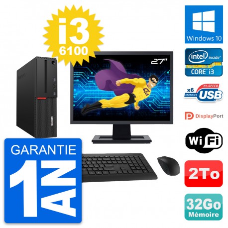PC Lenovo M700 SFF Ecran 27" Intel i3-6100 RAM 32Go Disque 2To Windows 10 Wifi