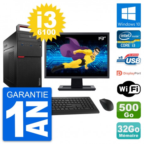 PC Tour Lenovo M700 Ecran 19" Core i3-6100 RAM 32Go Disque 500Go Windows 10 Wifi