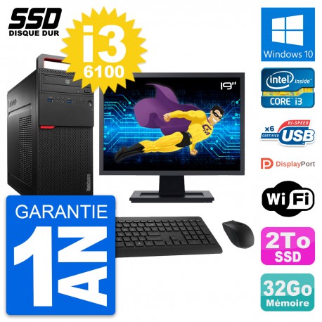 PC Tour Lenovo M700 Ecran 19" Intel i3-6100 RAM 32Go SSD 2To Windows 10 Wifi