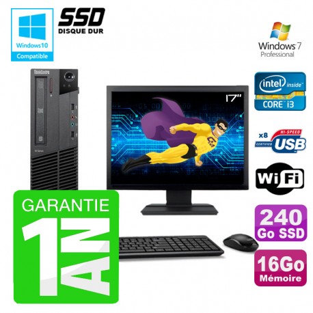 PC Lenovo M91p SFF Intel I3-2120 16Go Disque 240Go SSD Graveur Wifi W7 Ecran 17"