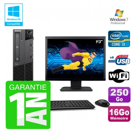 PC Lenovo M91p SFF Intel I3-2120 16Go Disque 250Go Graveur Wifi W7 Ecran 19"