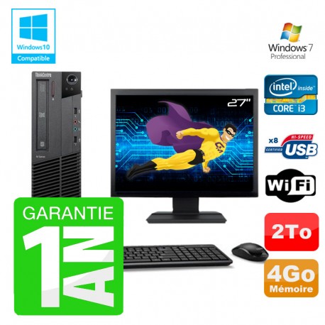 PC Lenovo M91p SFF Intel I3-2120 4Go Disque 2To Graveur Wifi W7 Ecran 27"