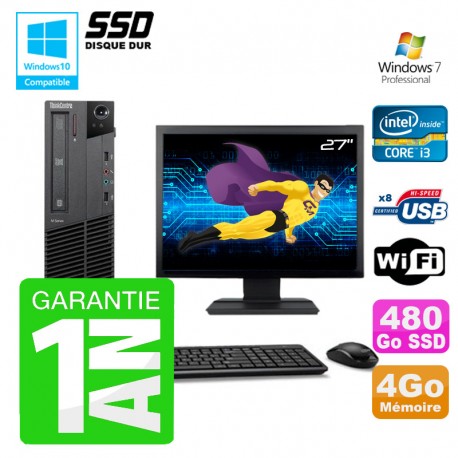 PC Lenovo M91p SFF Intel I3-2120 4Go Disque 480Go SSD Graveur Wifi W7 Ecran 27"