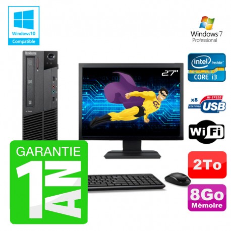 PC Lenovo M91p SFF Intel I3-2120 8Go Disque 2To Graveur Wifi W7 Ecran 27"