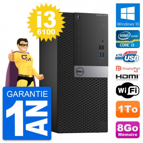 PC Tour Dell OptiPlex 7040 Intel i3-6100 RAM 8Go Disque 1To HDMI Windows 10 Wifi