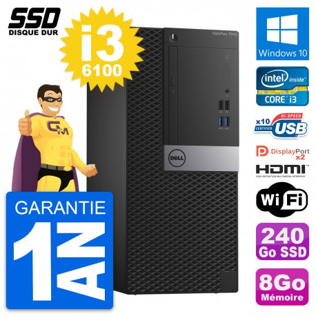 PC Tour Dell OptiPlex 7040 Intel i3-6100 RAM 8Go SSD 240Go HDMI Windows 10 Wifi