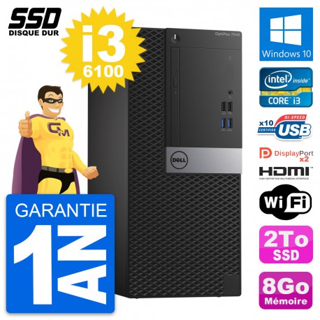 PC Tour Dell OptiPlex 7040 Intel i3-6100 RAM 8Go SSD 2To HDMI Windows 10 Wifi