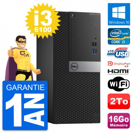 PC Tour Dell OptiPlex 7040 Core i3-6100 RAM 16Go Disque 2To HDMI Windows 10 Wifi