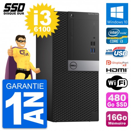 PC Tour Dell OptiPlex 7040 Intel i3-6100 RAM 16Go SSD 480Go HDMI Windows 10 Wifi