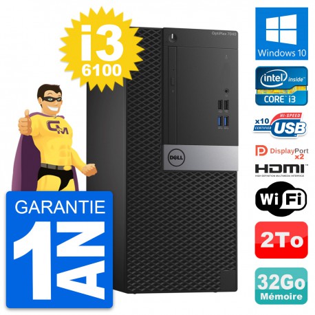 PC Tour Dell OptiPlex 7040 Core i3-6100 RAM 32Go Disque 2To HDMI Windows 10 Wifi