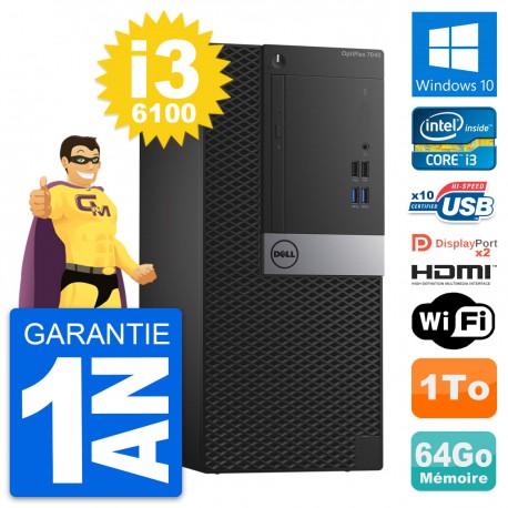 PC Tour Dell OptiPlex 7040 Core i3-6100 RAM 64Go Disque 1To HDMI Windows 10 Wifi