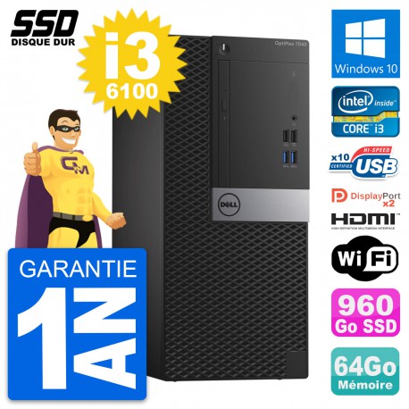 PC Tour Dell OptiPlex 7040 Core i3-6100 RAM 64Go SSD 960Go HDMI Windows 10 Wifi