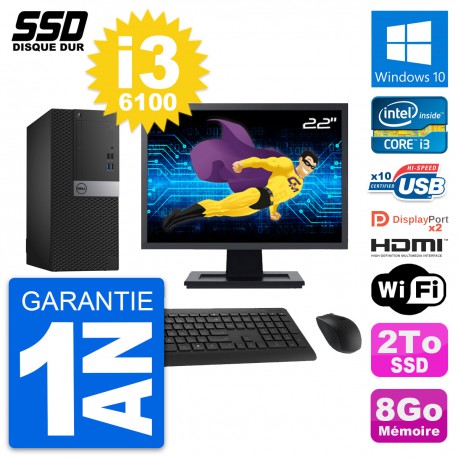 PC Tour Dell 7040 Ecran 22" Intel i3-6100 RAM 8Go SSD 2To HDMI Windows 10 Wifi
