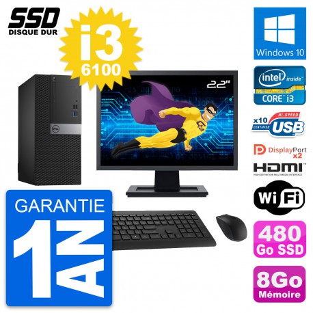 PC Tour Dell 7040 Ecran 22" Intel i3-6100 RAM 8Go SSD 480Go HDMI Windows 10 Wifi