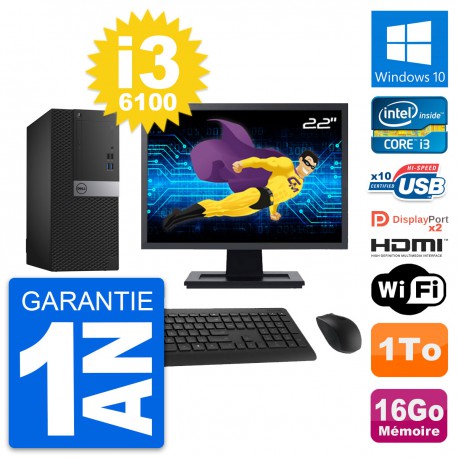 PC Tour Dell 7040 Ecran 22" i3-6100 RAM 16Go Disque 1To HDMI Windows 10 Wifi