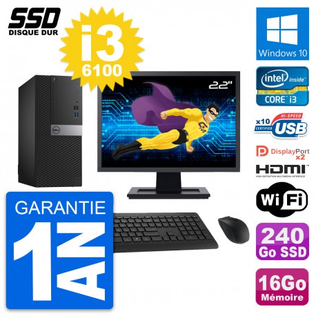PC Tour Dell 7040 Ecran 22" Core i3-6100 RAM 16Go SSD 240Go HDMI Windows 10 Wifi